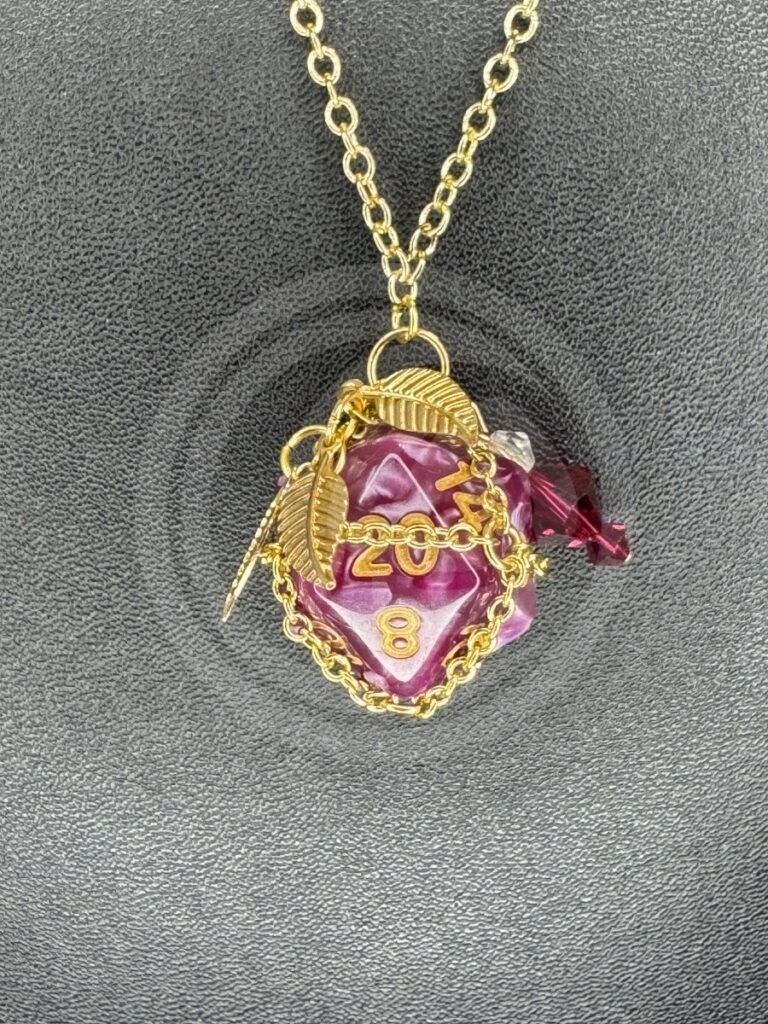 D20 Necklace - Ruby Leaves